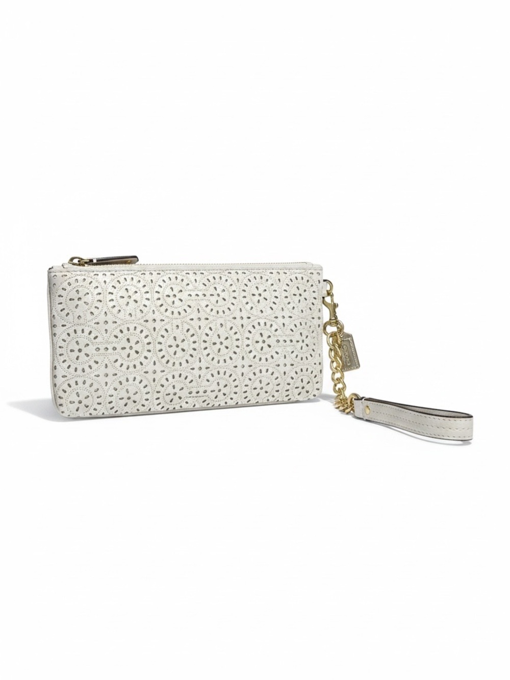 Coach Laser-Cut Leather Wristlet with Gold Chain Strap